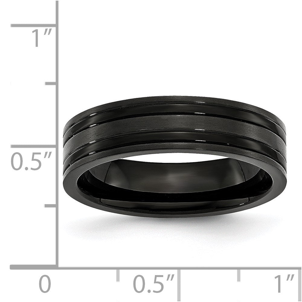 Titanium Brushed and Polished Black IP-plated 6mm Grooved Band Size - 12.5