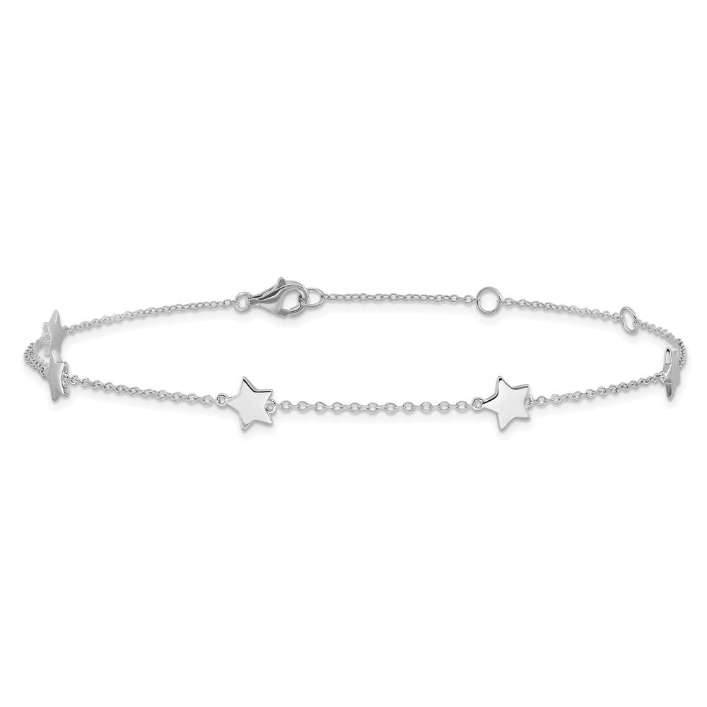 Sterling Silver Rhodium-Plated Stationed Star with 2in Ext. Anklet 8.5 inches