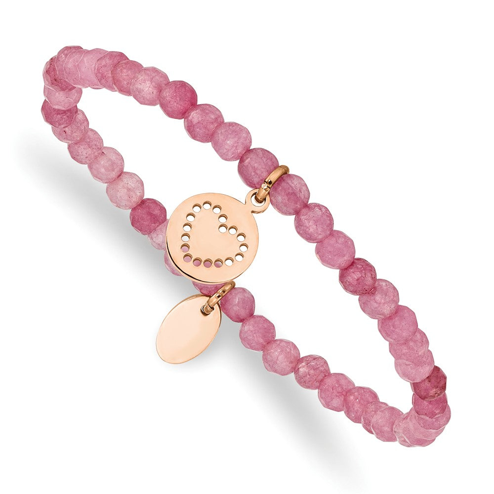 Stainless Steel Polished Rose IP-plated Heart Pink Jade Stretch Bracelet 6.5 inches
