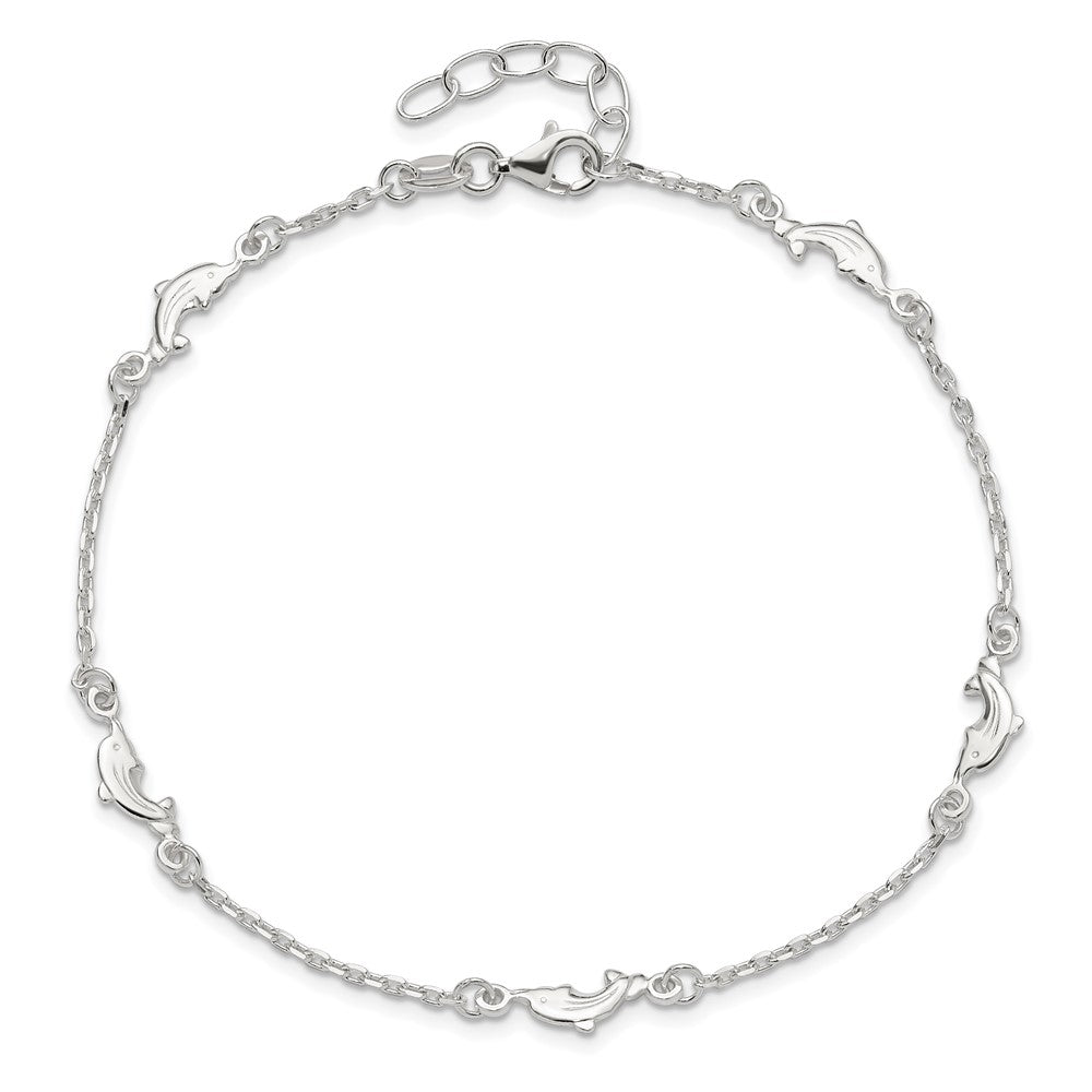 Sterling Silver Polished Dolphin 9in Plus 1in Ext. Anklet 9 inches