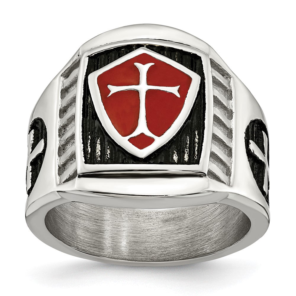 Stainless Steel Antiqued and Polished w/Red Enamel Cross/Shield Ring Size - 9