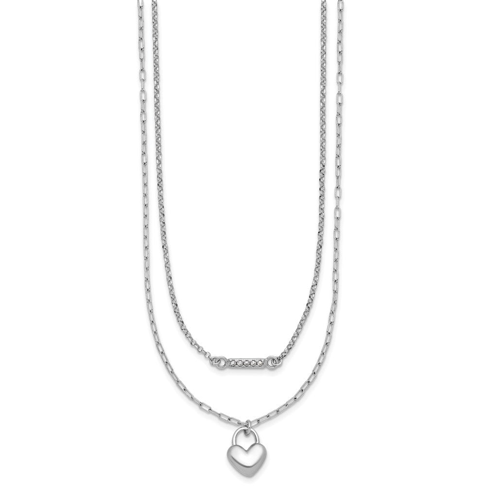 Sterling Silver Rhodium-plated CZ Puffed Heart 16 inch with 2 inch extender 2-strand Necklace 16 Inches