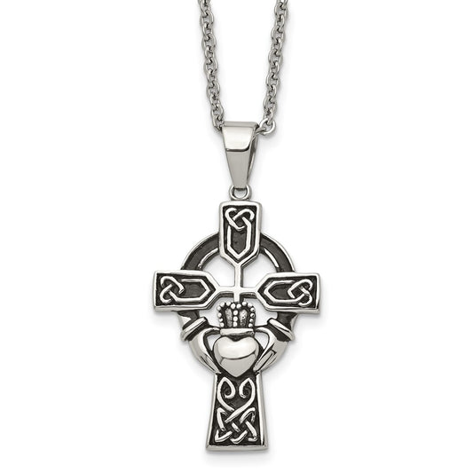 Stainless Steel Antiqued and Polished Claddagh Cross 20in Necklace