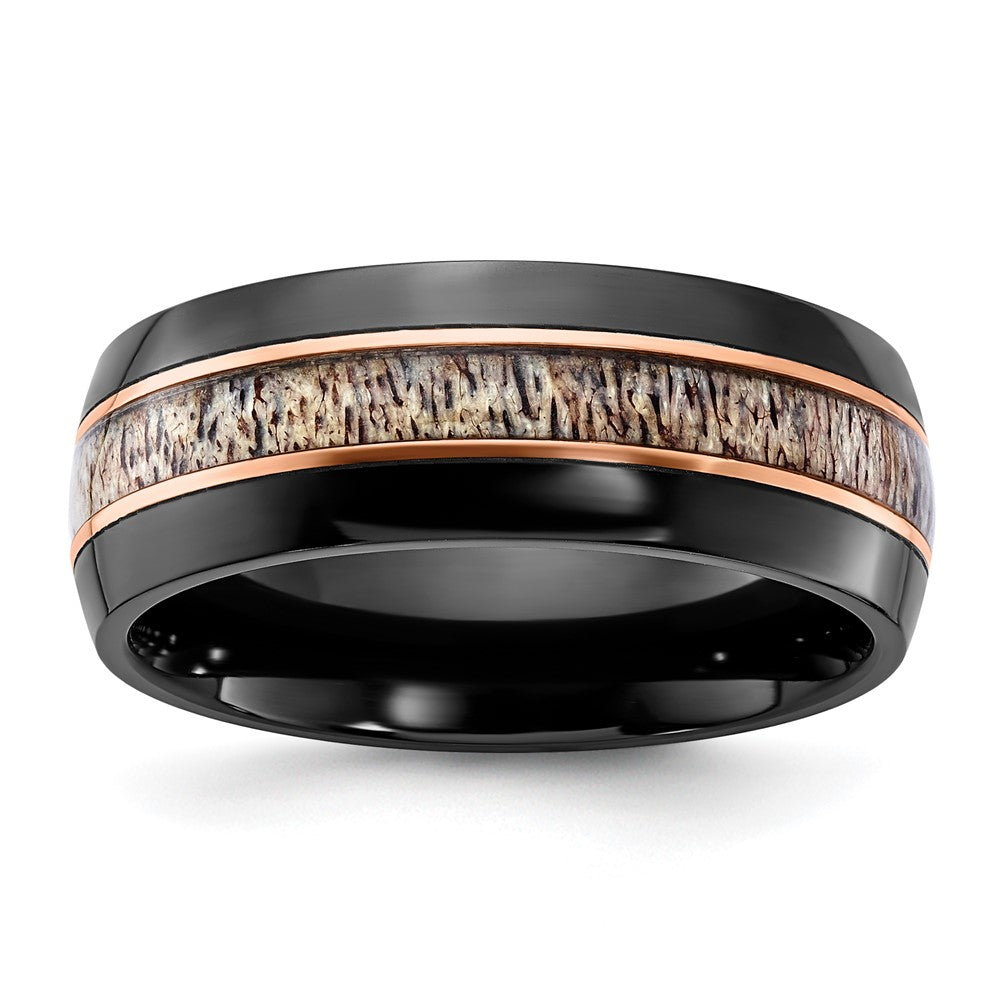 Black Zirconium Polished Rose IP-plated w/Antler Inlay 8mm Band Size - 9