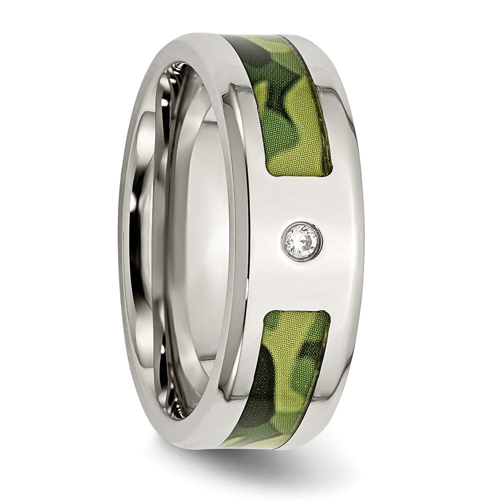 Stainless Steel Polished w/ CZ Printed Green Camo Under Rubber Band Size - 8