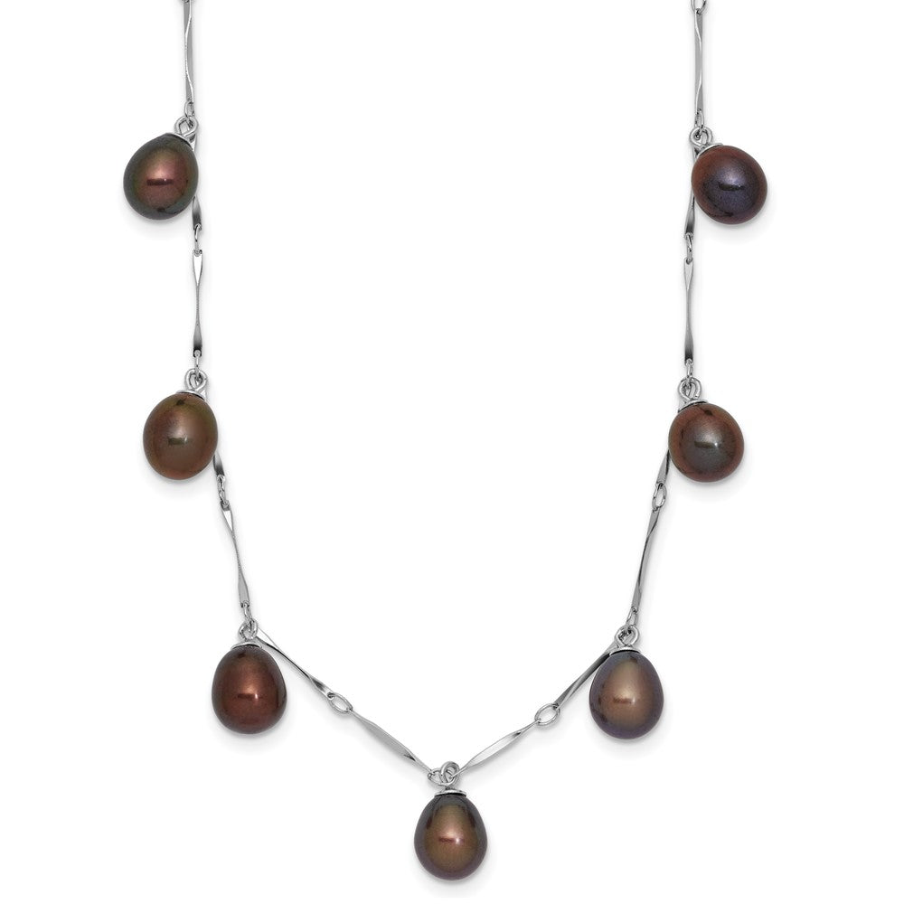 Sterling Silver Rhodium-plated 7-8mm Black Teardrop Freshwater Cultured Pearl Dangle 7-Station 17.5 inch Necklace 17.5 Inches