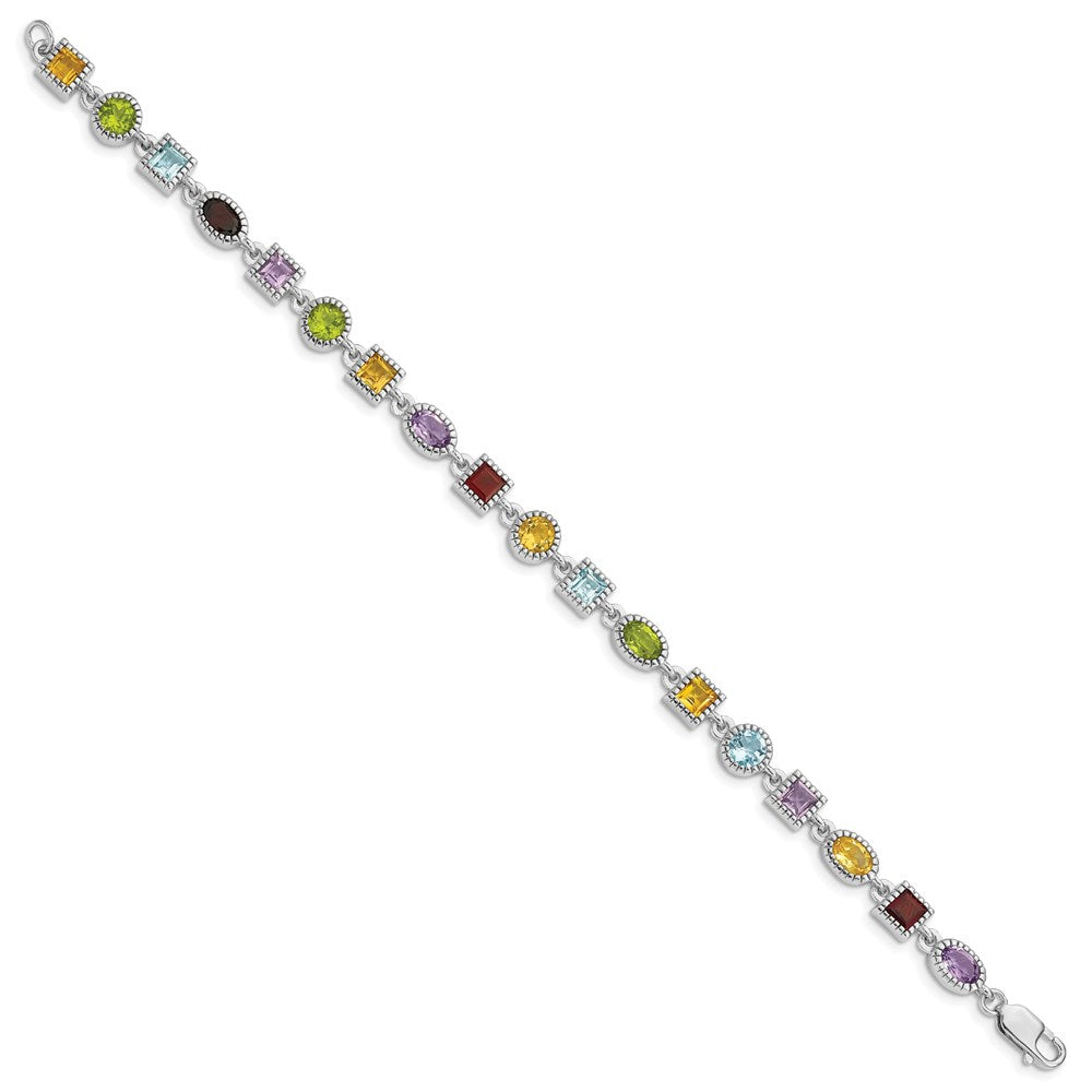 Sterling Silver 7inch Rhod Plated Rainbow Multi-gemstone Bracelet 7 inches