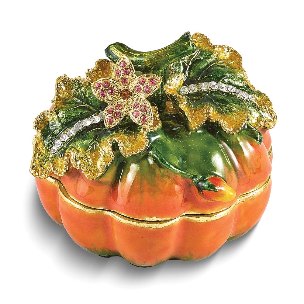 Luxury Giftware by Jere Bejeweled Crystal Gold-tone Enamelled AUTUMN Pumpkin Trinket Box with Matching 18 inch Necklace