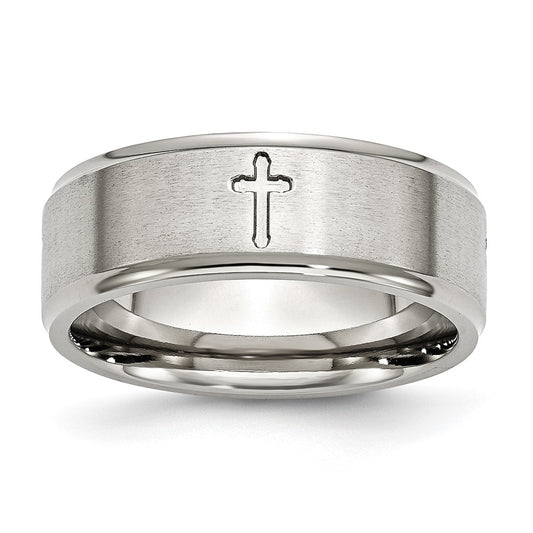 Stainless Steel Brushed and Polished Cross 8mm Ridged Edge Band Size - 13.5