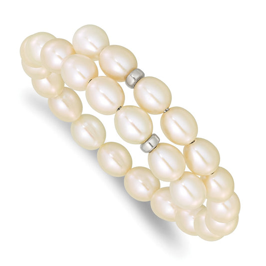 Sterling Silver Rhodium-plated 7-8mm White Rice Freshwater Cultured Pearl Flexible 7.5 inch Bracelet 7.5 inches