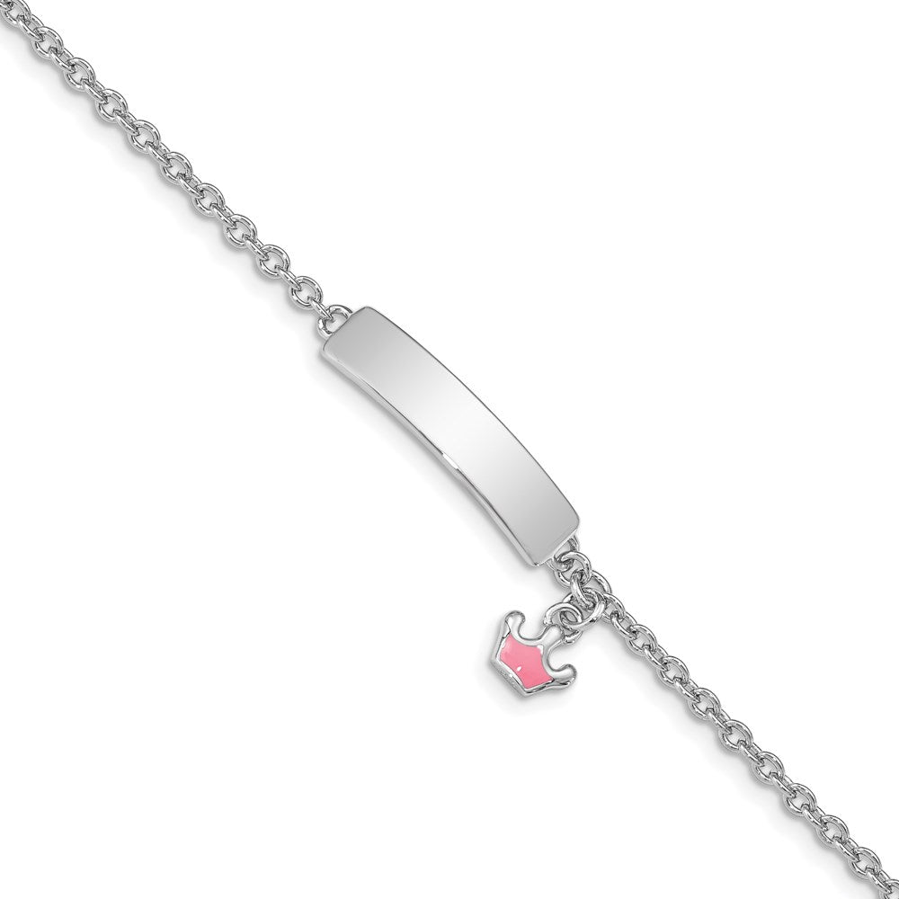 Sterling Silver Rhodium-plated Polished & Pink Enameled Crown with 1 Inch Extension Children's ID Bracelet 7 inches