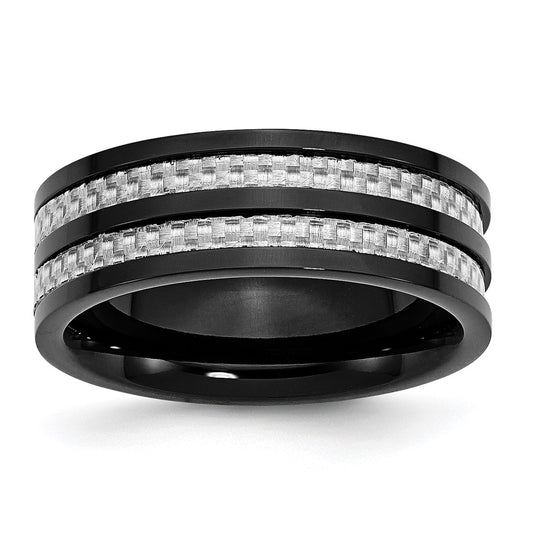 Stainless Steel Polished Black IP-plated Grey Carbon Fiber Inlay 8mm Band Size - 11