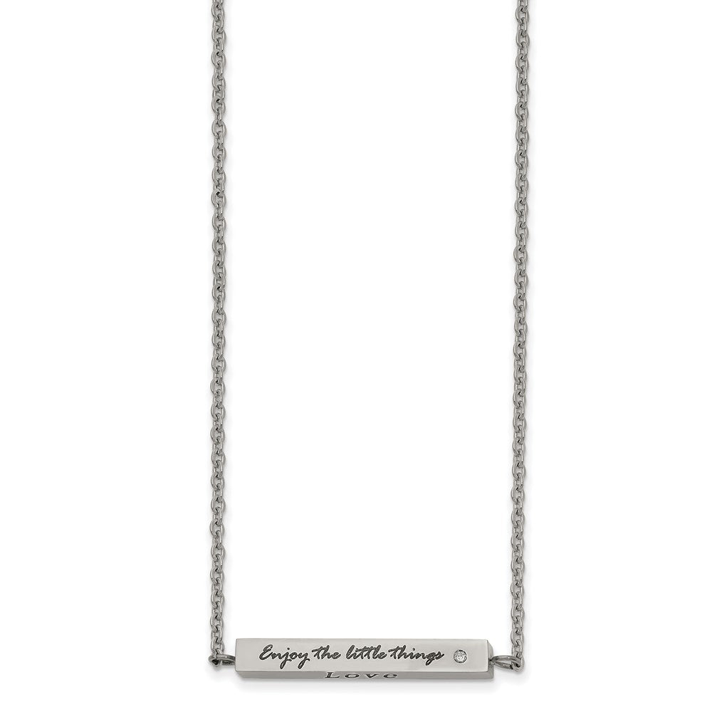 Stainless Steel Polished w/CZ ENJOY 16in w/2in ext Bar Necklace