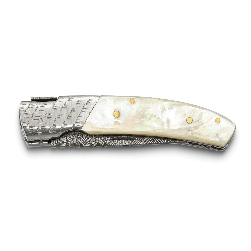 Luxury Giftware Damascus Steel 256 Layer Mother of Pearl Handlel with Steel Guard Folding Knife with Leather Sheath and Wooden Gift Box