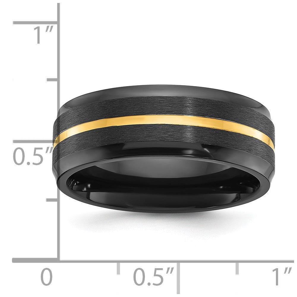 Chisel Black Zirconium Brushed and Polished Yellow IP-plated 8mm Band Size - 8.5