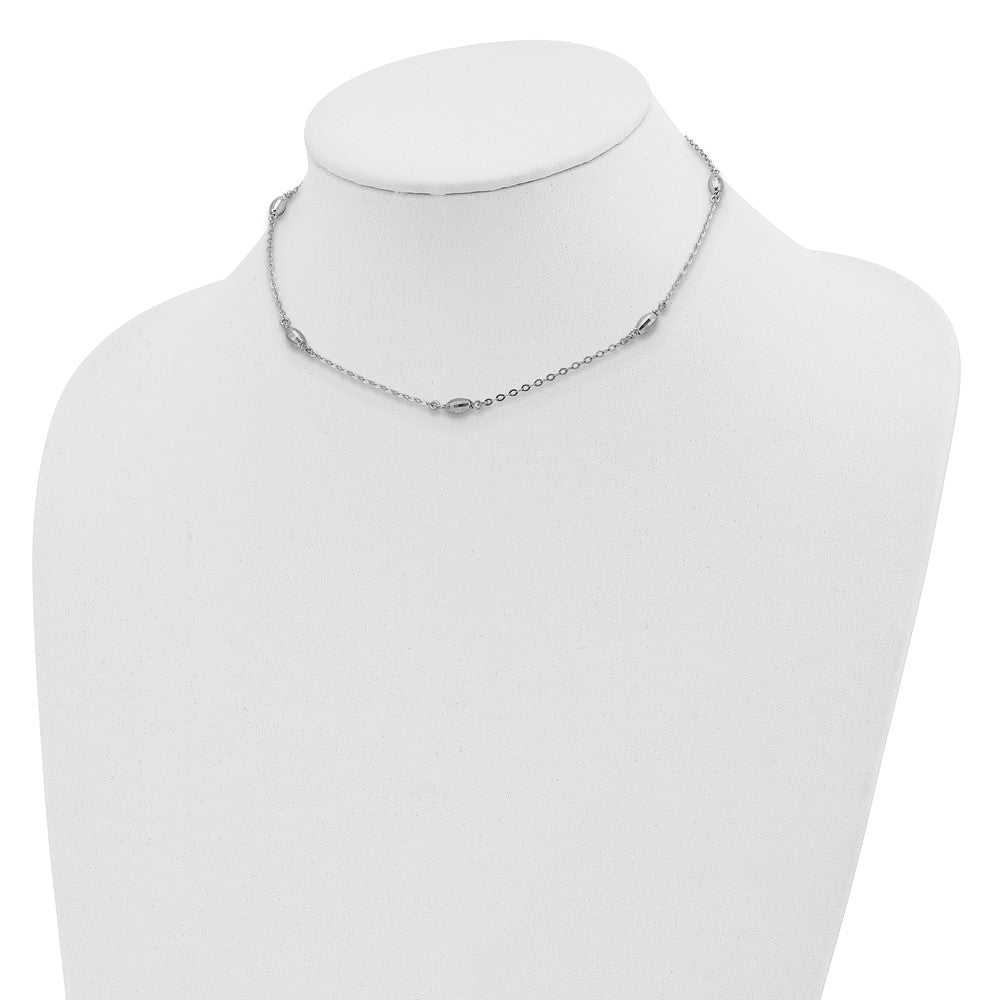 Sterling Silver Rhodium-plated Diamond-cut Oval Beads w/3in ext Choker 12 Inches