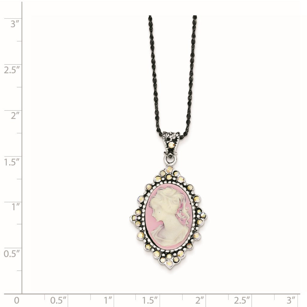 Sterling Silver Antiqued Pink Resin Cameo w/Crystal Necklace 16 Inches
