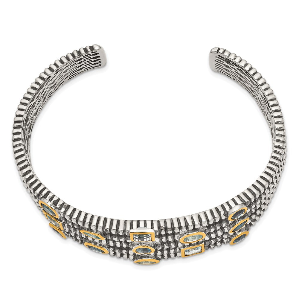 Shey Couture Sterling Silver Gold-tone Flash Gold-plated Antiqued Bezel Sky Blue Swiss and London Blue Topaz Cuff Bracelet 6.75 inches