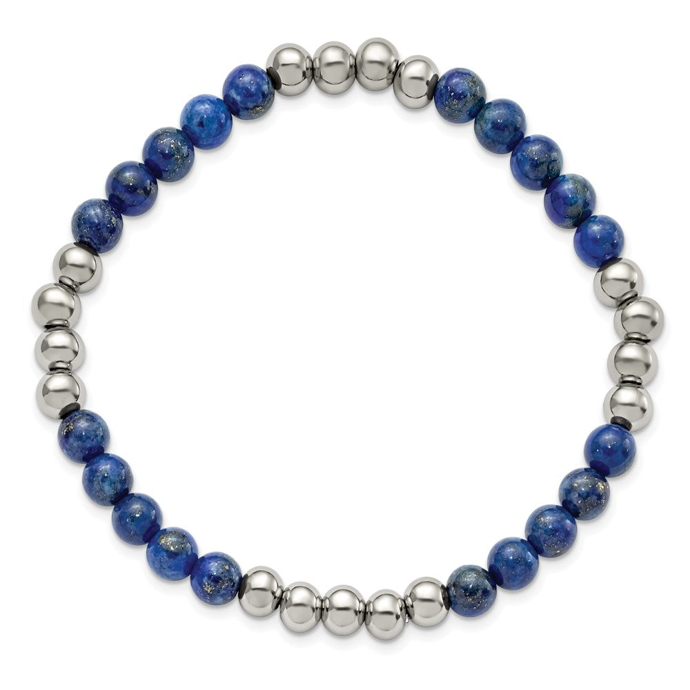 Stainless Steel Polished Lapis Beaded Stretch Bracelet