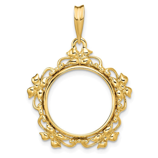 Wideband Distinguished Coin Jewelry 14k Polished Flower Blossom 16.5mm Prong Coin Bezel Pendant