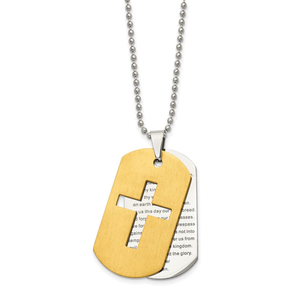 Stainless Steel Brushed and Polished Yellow IP Prayer Cross 22in Necklace
