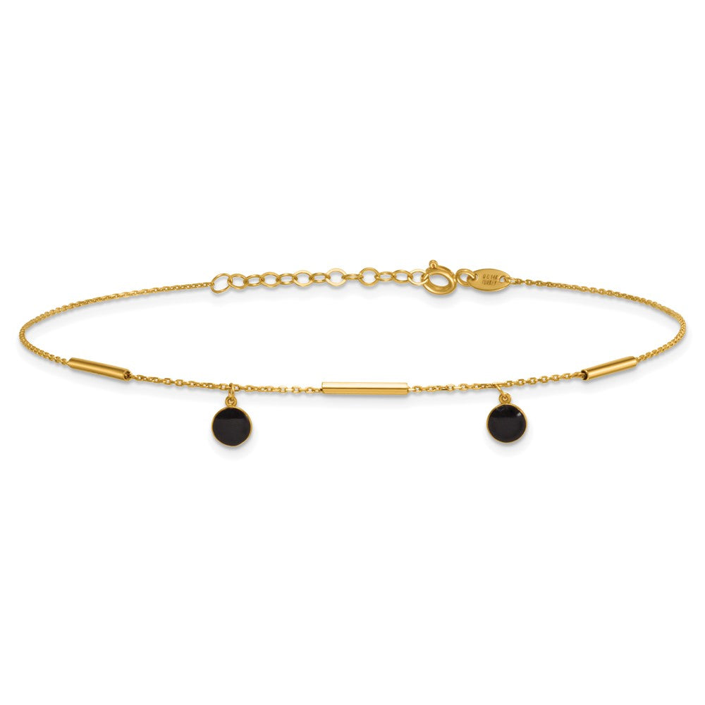 14K Polished Round Onyx Dangles and Bars 9 inch with 1 inch Extender Anklet