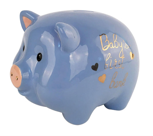 Blue Sky Clayworks Baby's First Piggy Bank, 7.75-inch Length, Blue, Gift, Christening, Tabletops