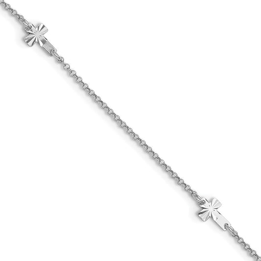 Sterling Silver Rhod-plated Diamond-cut Crosses 9in Plus 1in Ext. Anklet 9 inches