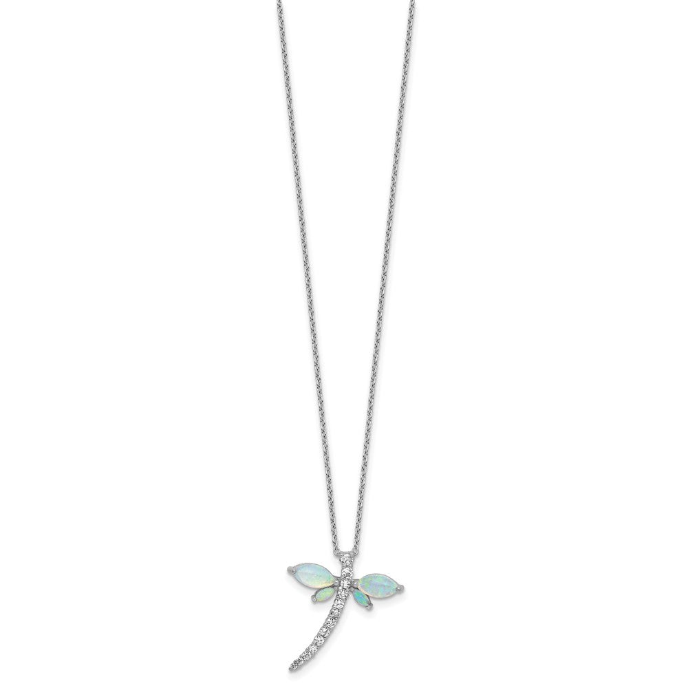 Cheryl M Sterling Silver Rhodium-plated Polished Lab Created Opal and CZ Dragonfly with 2 Inch Extension Necklace 18 Inches