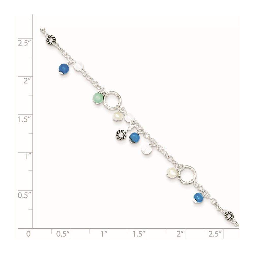 Sterling Silver Turquoise/Clear Bead/FW Cultured Pearl Anklet 9 inches