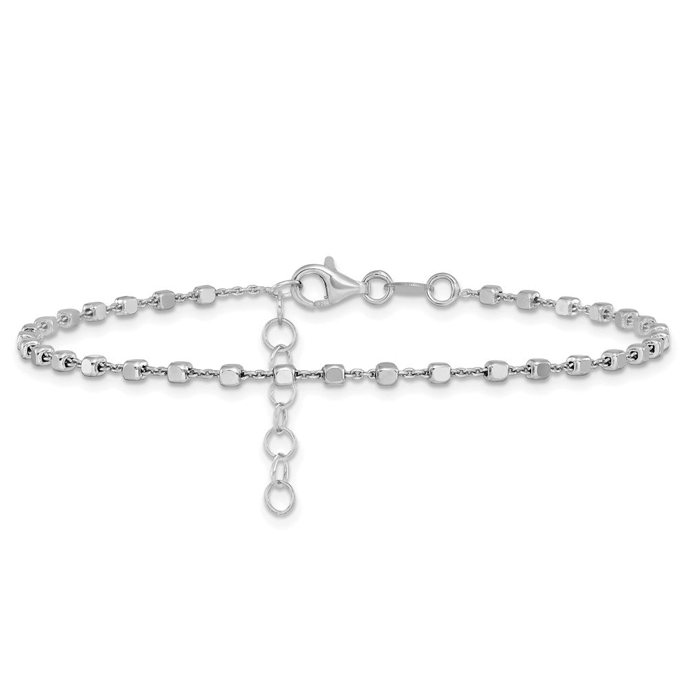 Sterling Silver Rh-plated Polished Cube Link with 1in. ext. Anklet