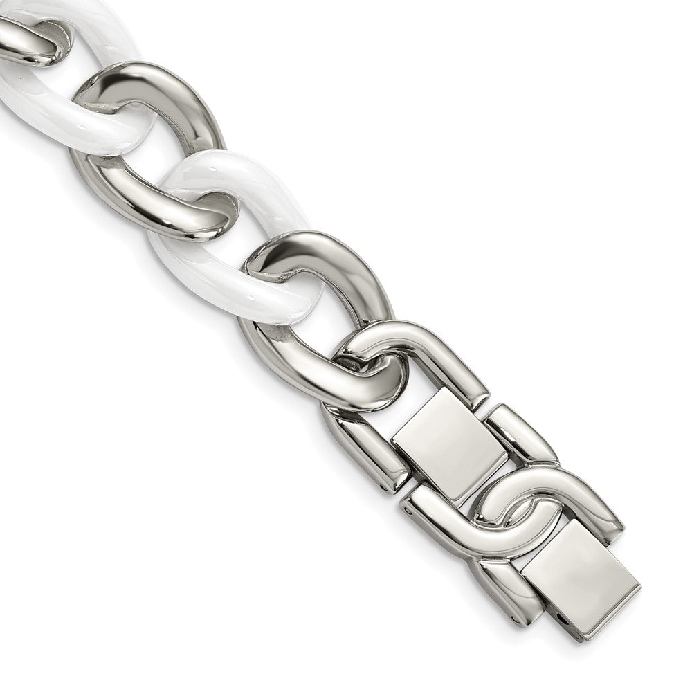Stainless Steel Polished w/White Ceramic 7.5in w/1in ext. Bracelet 7.25 inches