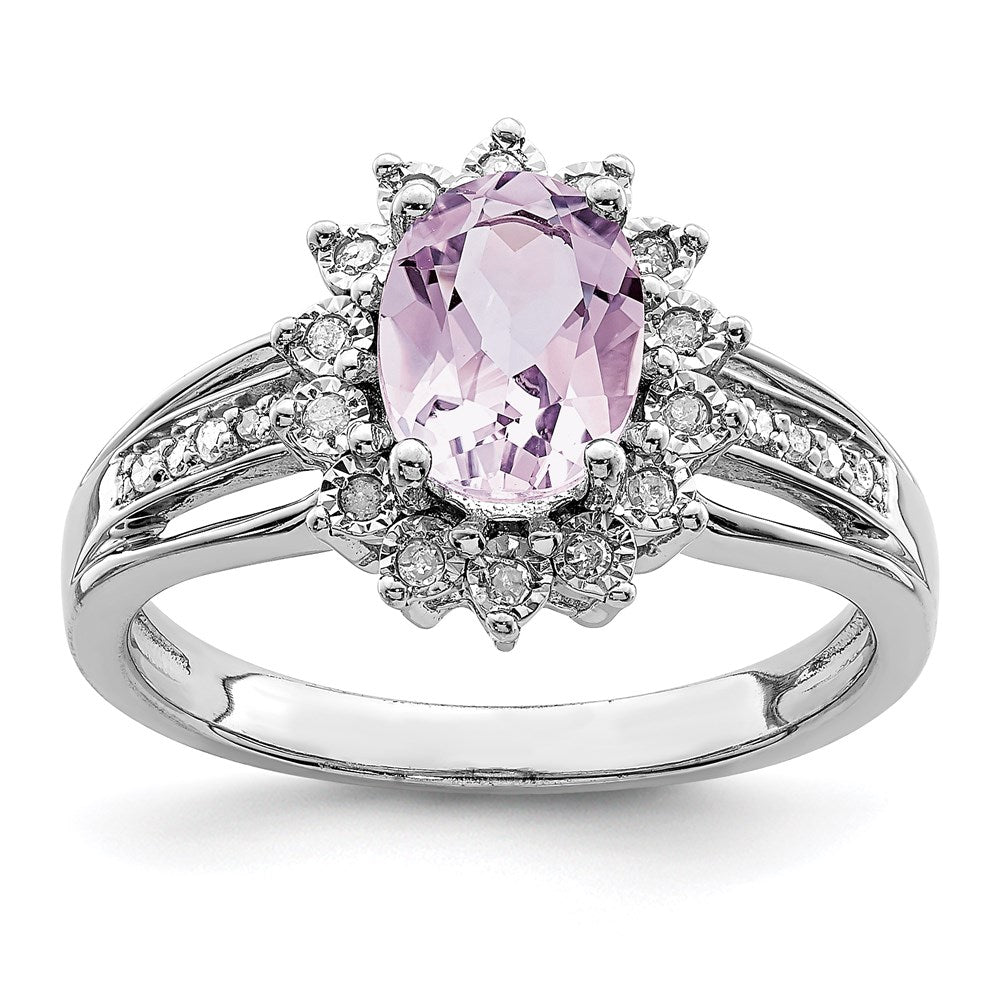 Sterling Silver Rhodium Diam. & Oval Pink Quartz Ring