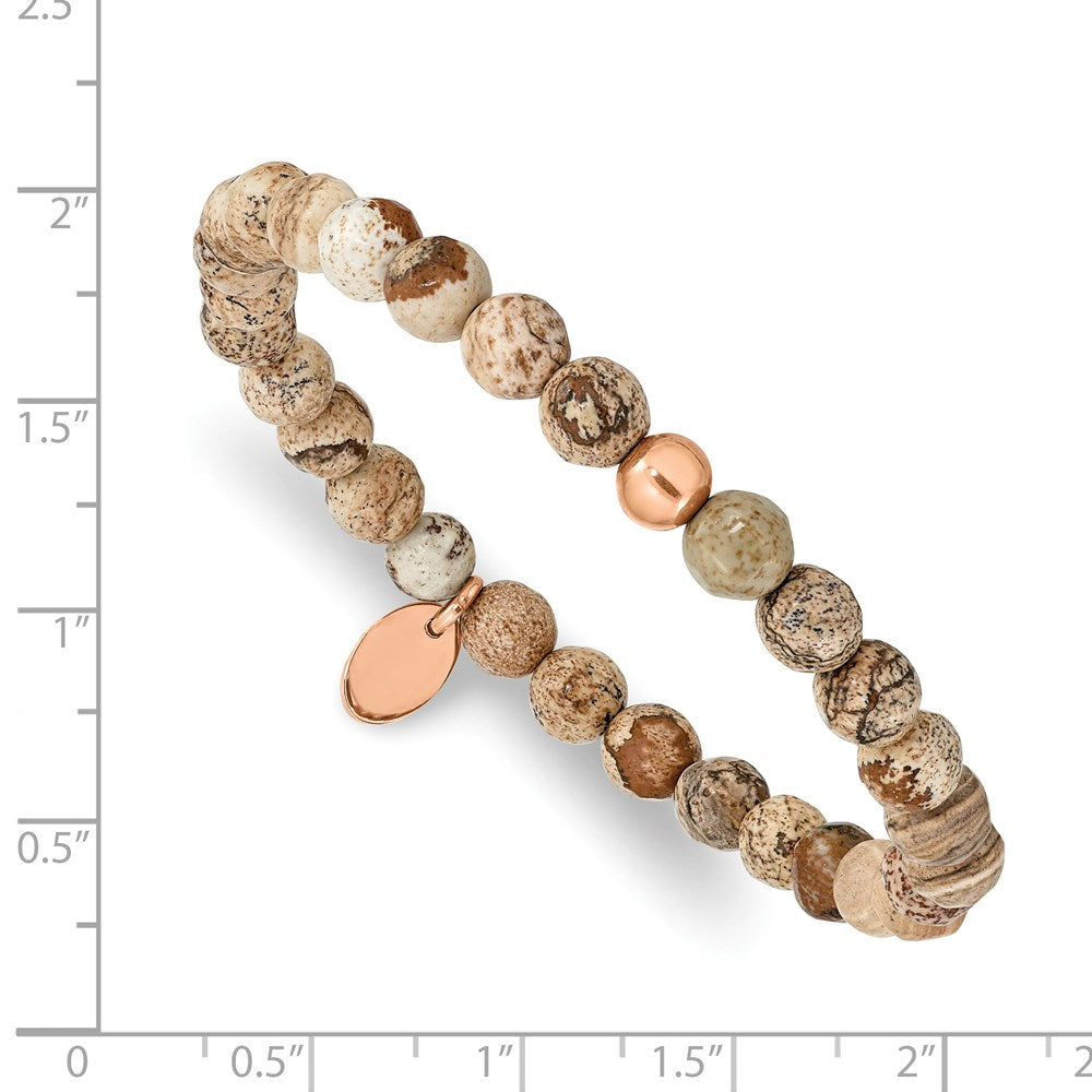 Stainless Steel Polished Rose IP-plated Brown Jasper Stretch Bracelet 6 inches