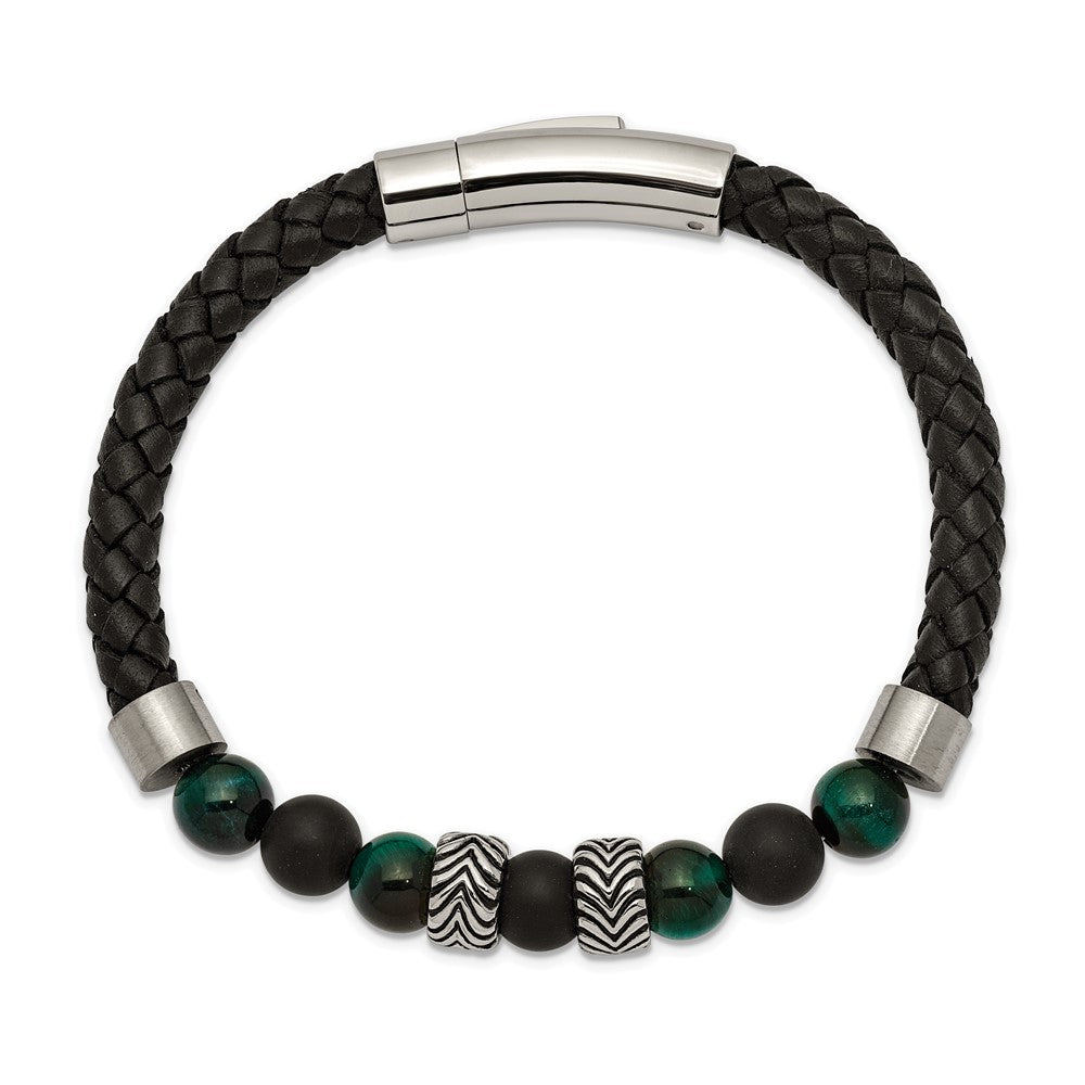 Stainless Steel Antiqued & Polished Black Agate/Green Tiger's Eye Leather B 8.5 inches