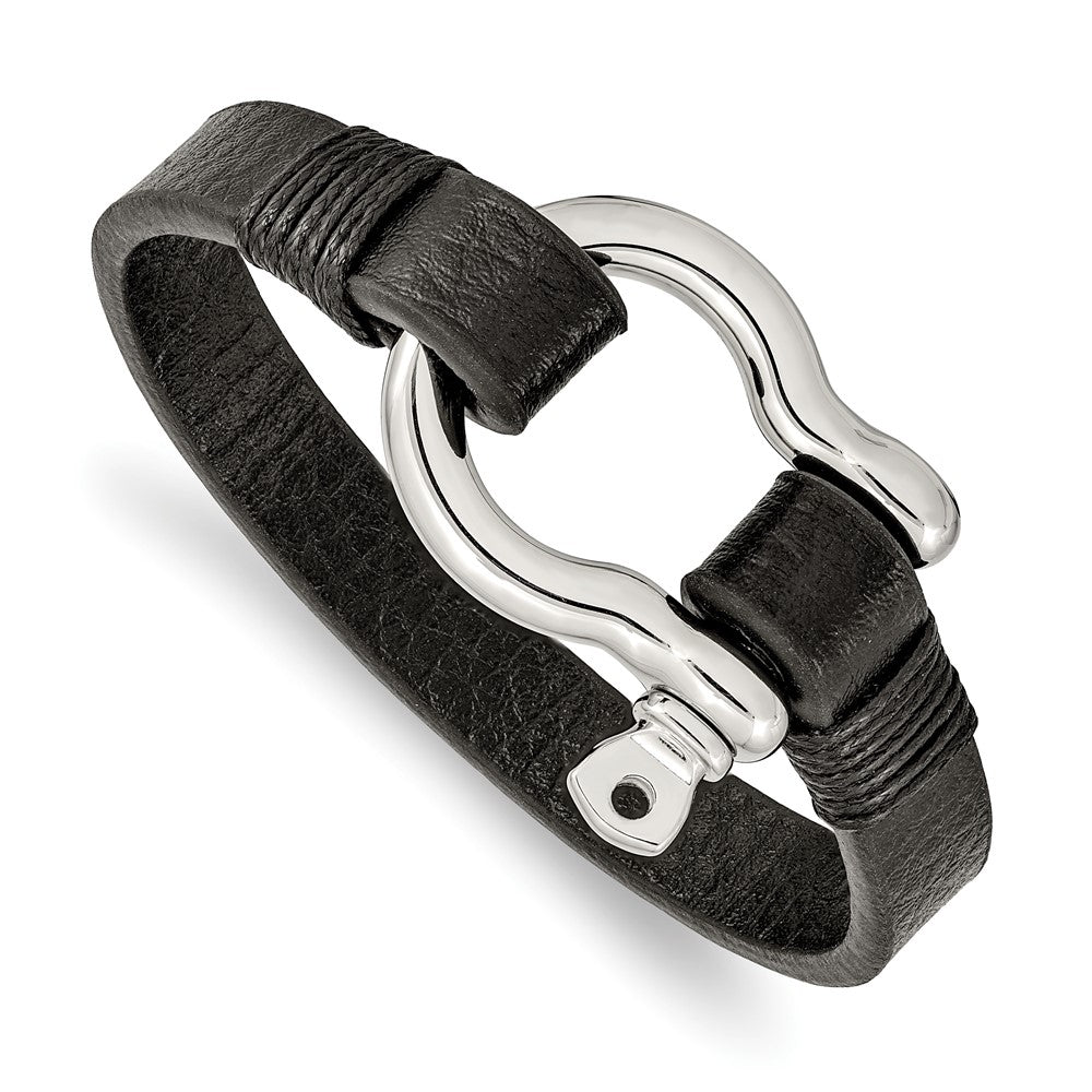 Stainless Steel Polished Black Leather 8.25in Shackle Bracelet 8.25 inches