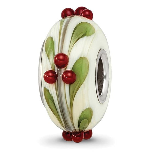 Finest Gold Sterling Silver Reflections Hand Paint Magical Holly-Days Fenton Glass Bead