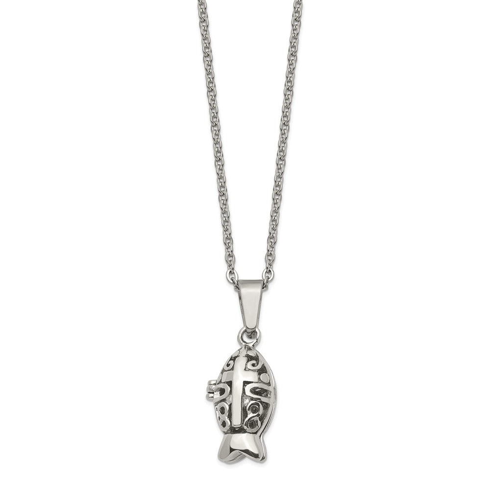 Stainless Steel Polished and Antiqued Magnetic Fish Prayer Box Necklace