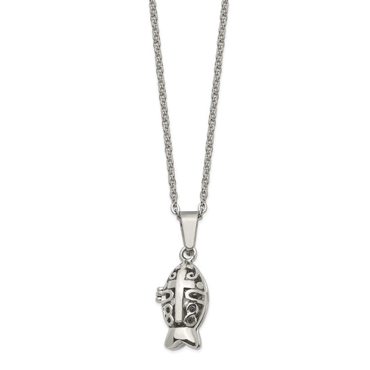 Stainless Steel Polished and Antiqued Magnetic Fish Prayer Box Necklace