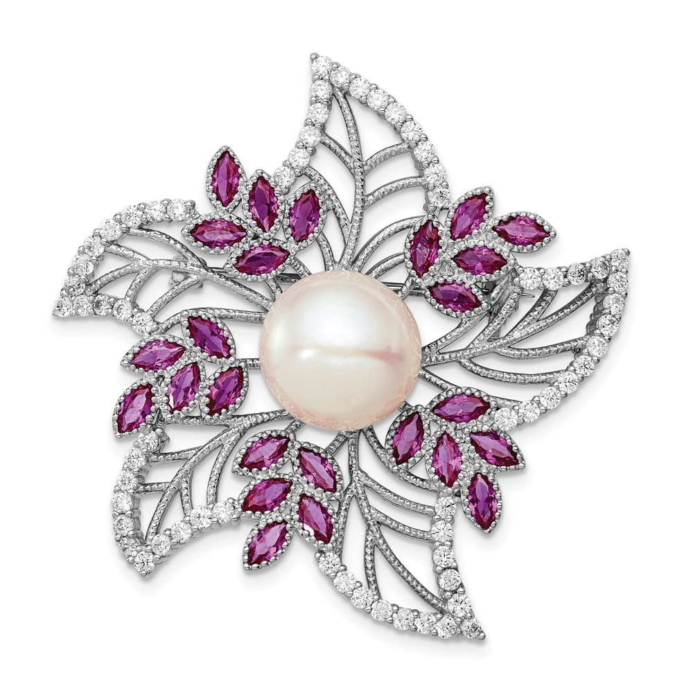 Sterling Silver RH10-11mm White FWC Pearl CZ Pink Corundum Pin QP4766