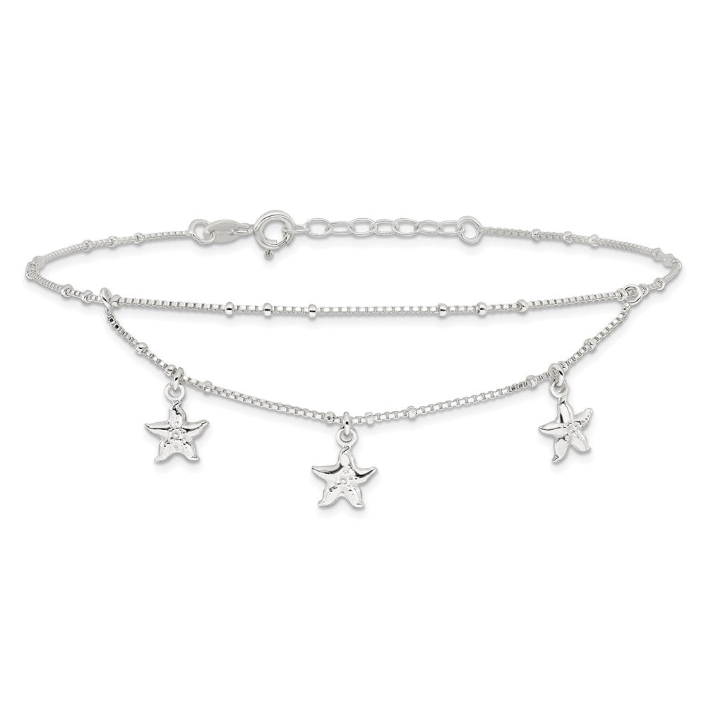 Sterling Silver Polished 2-Strand Starfish 9in Plus 1in Ext Anklet 9 inches