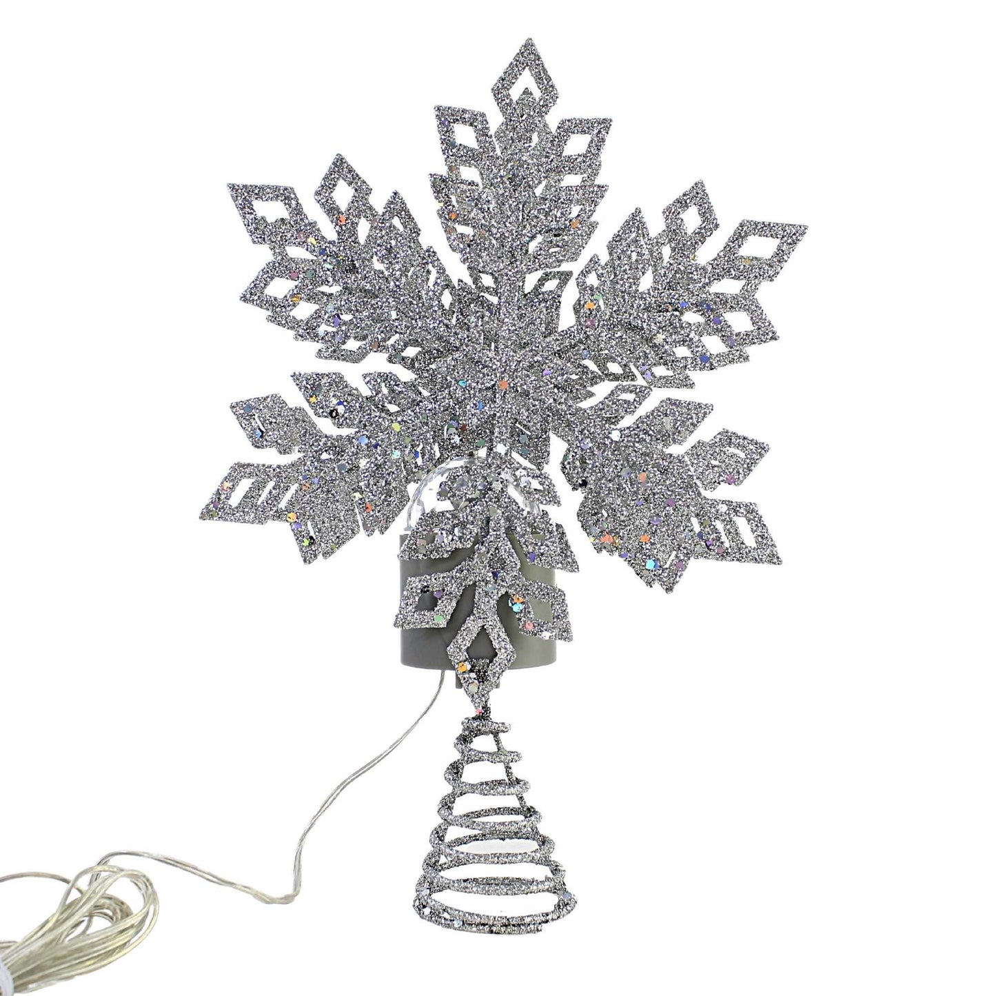 Roman 160251 LED Tricolor Snowflake Treetop with Timer, Plug-in, 12-inch Height, Metal, Silver
