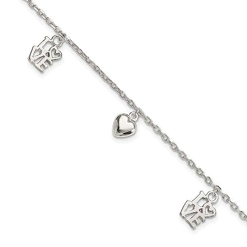 Sterling Silver Heart and LOVE Charm Bracelet 7.5 inches