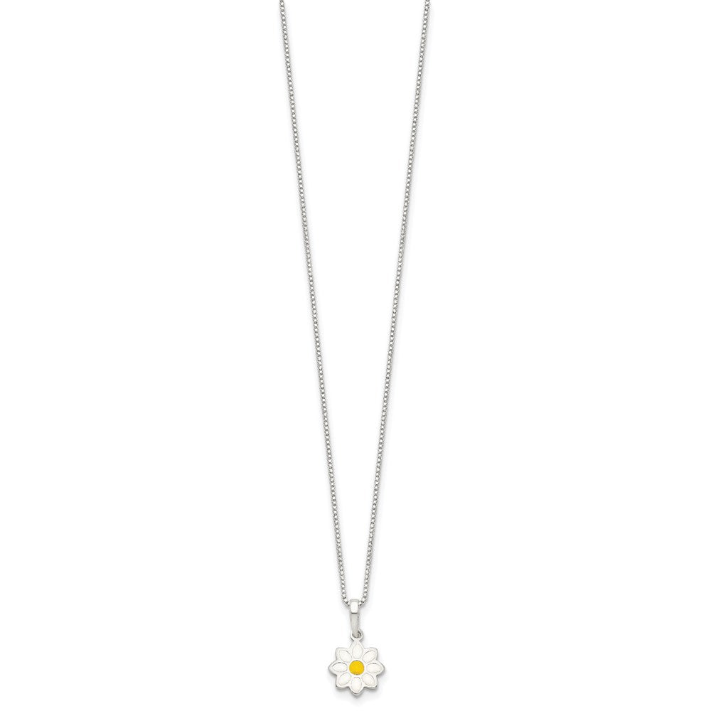 Sterling Silver Polished Yellow & White Enamel Flower Children's Necklace 15 Inches