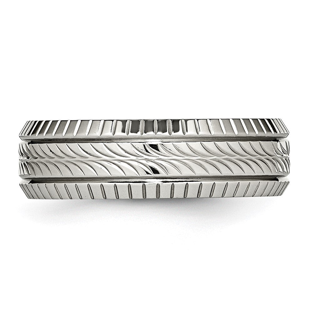 Stainless Steel Polished and Textured 7mm Grooved Band Size - 9