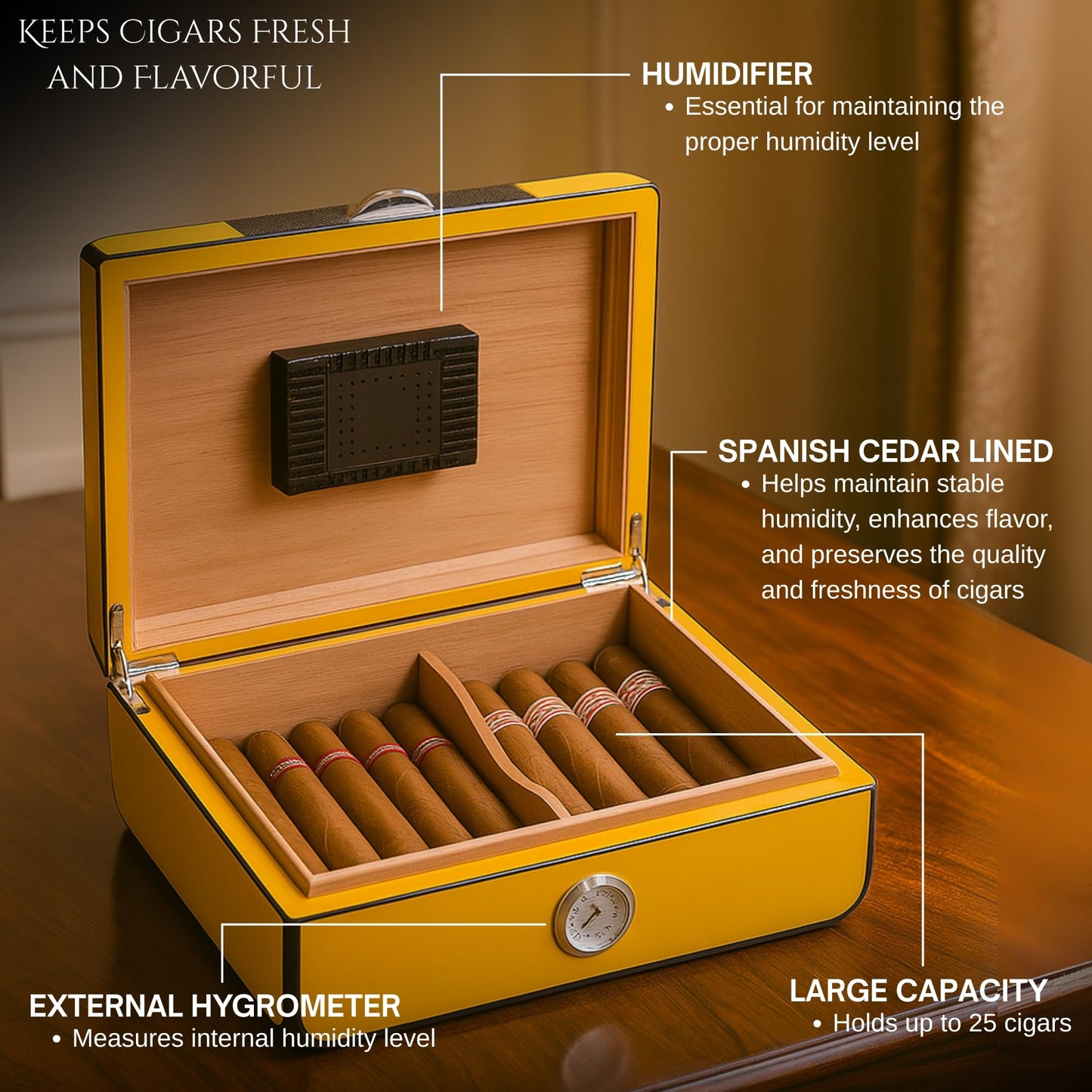 Bey-Berk Carbon Fiber and Yellow 25 Cigar Humidor