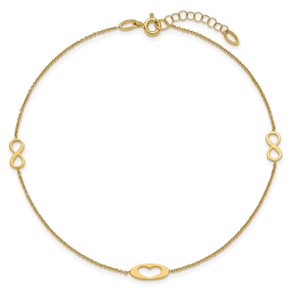 14k Polished Infinity and Heart 9 inch with 1 inch Extender Anklet