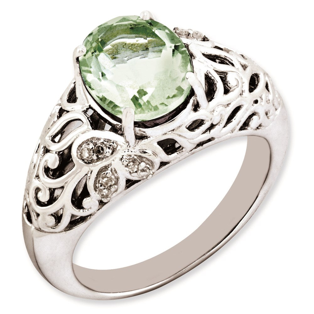 Sterling Silver Rhodium-plated Oval Green Quartz & Diamond Ring