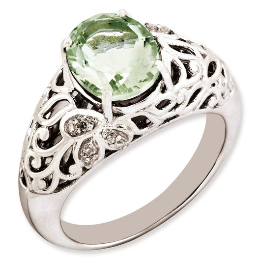 Sterling Silver Rhodium-plated Oval Green Quartz & Diamond Ring