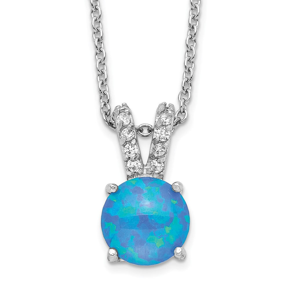 Cheryl M Sterling Silver Rhodium-plated Cabochon Lab Created Blue Opal and Brilliant-cut CZ Split Bail 18.5 Inch Necklace 18.5 Inches